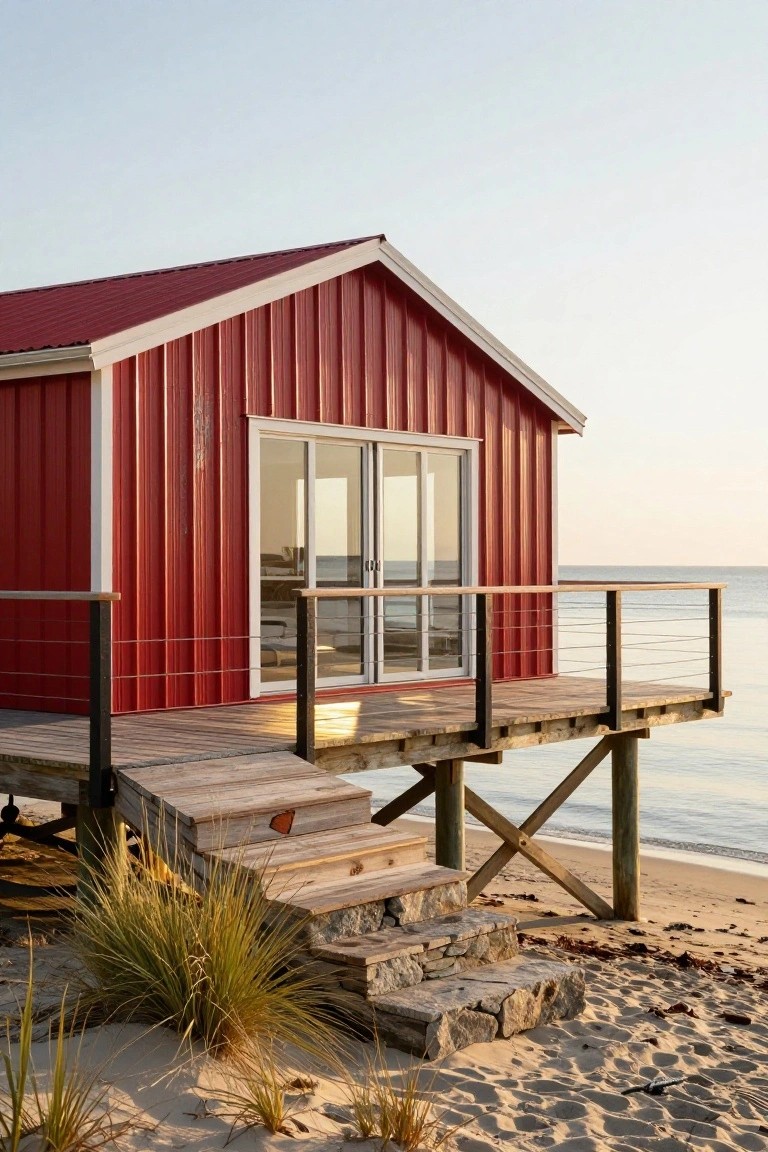 Red corrugated metal house with gabled roof elevated on wooden pilings above a sandy beach, featuring a wooden deck with railing, stairs descending to the sand, and ocean in the background at dusk.