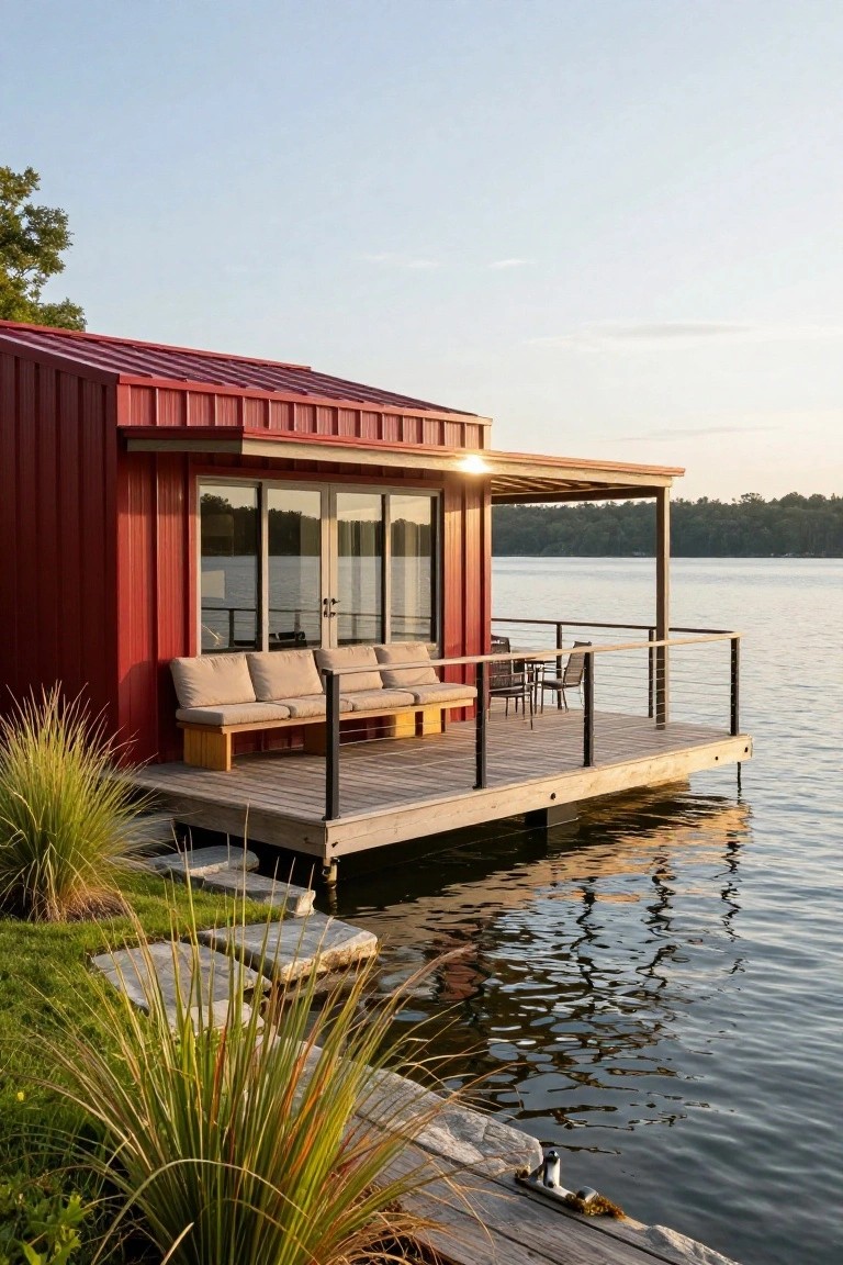 Red metal-sided cabin with sloped roof and large glass doors on a wooden deck extending over a lake, with beige cushioned benches, chairs, ornamental grasses, stone steps, and trees in the background at sunset.