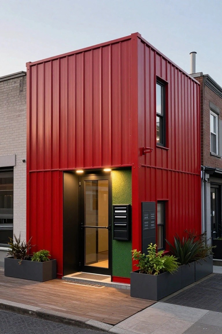 Corner view of a small two-story house clad in red corrugated metal panels, featuring a lit glass entry door with black frame, flanked by potted plants on a wooden deck, next to brick buildings on a city street.