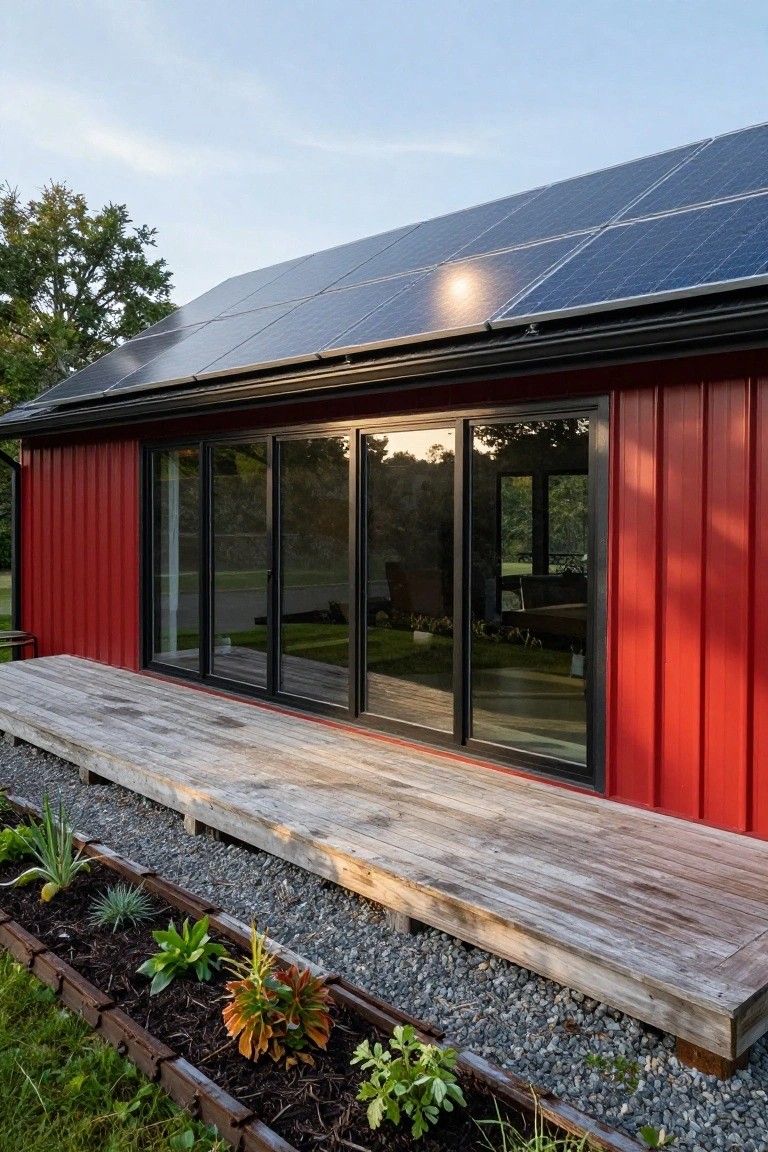 Red corrugated metal-sided house with black-framed sliding glass doors, solar panels on the gabled roof, wooden deck platform, gravel base, and planted edging in a grassy yard.