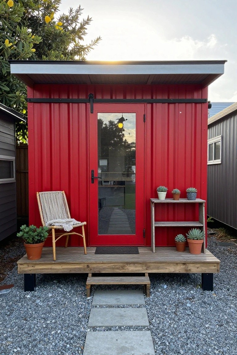 Red corrugated metal shed with large glass-paneled sliding barn door, wooden porch steps and shelf with potted succulents, rattan chair with throw blanket and potted plant, set on gravel amid trees and neighboring structures.