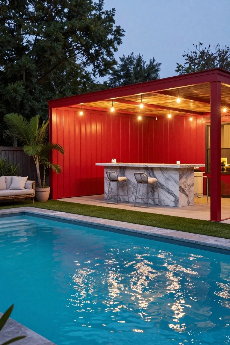 Red metal-walled pavilion with wooden-beamed ceiling strung with lights, marble bar countertop and stools, next to a rectangular swimming pool in a backyard with artificial grass, potted plants, and trees.