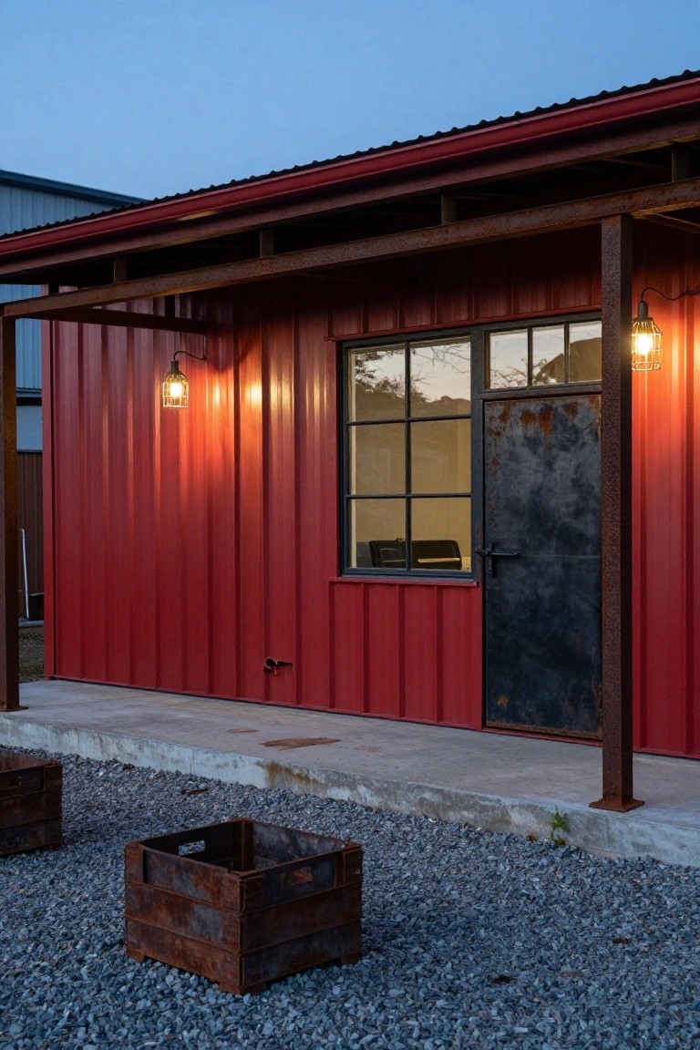 Red corrugated metal building with covered porch supported by rusted steel beams, featuring a large window, rusted steel door, hanging lanterns, and wooden crates on gravel ground at dusk.