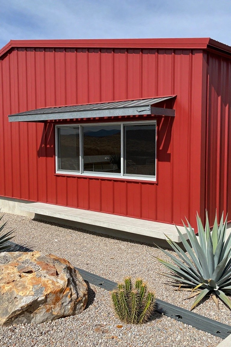 Side view of a bright red corrugated metal building with a galvanized metal awning shading a large horizontal sliding window, elevated on a concrete ledge above gravel ground cover planted with agave, barrel cactus, and bordered by a large rugged rock.