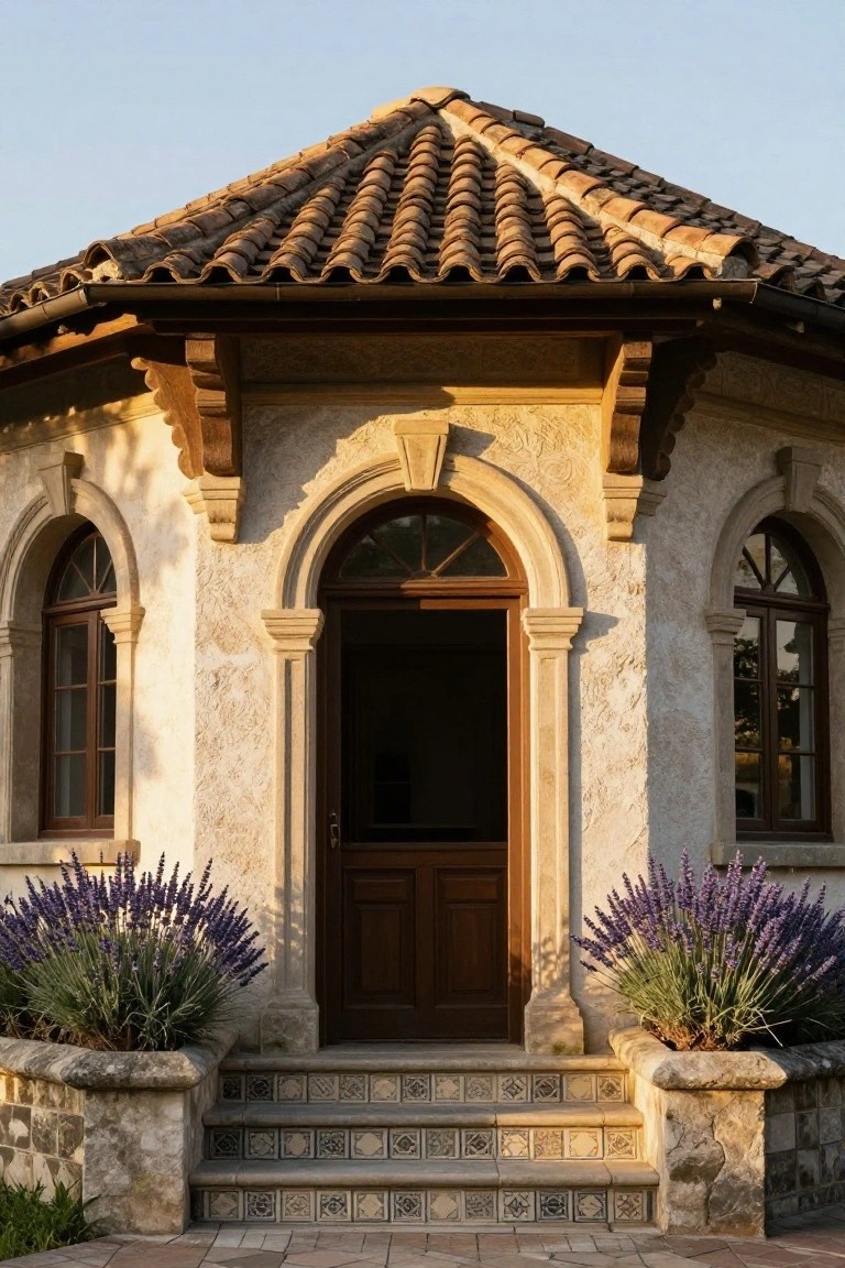 Octagonal stucco pavilion with terracotta tile roof, two arched windows flanking a central arched wooden double door, lavender plants in stone pots on either side of patterned tile steps leading to the entrance.