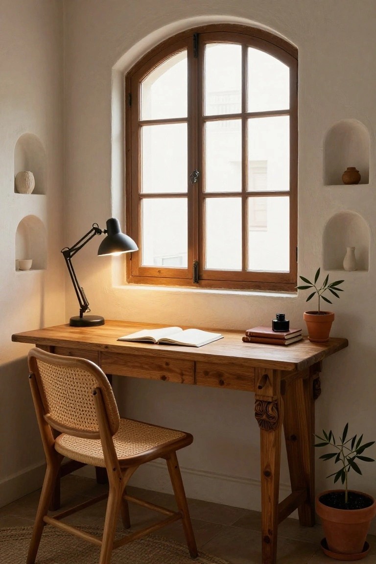 Wooden desk with open book, ink bottle, and black lamp on top, rattan chair beside it, in a white-walled room with arched window, wall niches holding pottery and plants, and potted olive tree nearby.