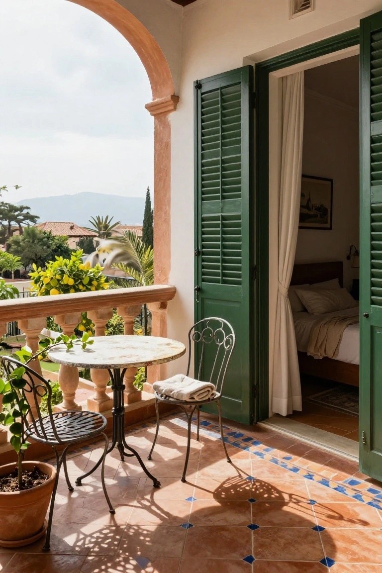 Terracotta-tiled balcony with arched railing holding a round white stone table, two black wrought iron chairs with white cushions, potted plants, open green louvered shutters on French doors to a bedroom, and background view of mountains, palms, and gardens.