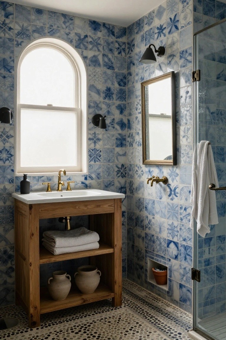 Small bathroom with blue floral-patterned tiles on walls, arched window, wooden vanity with white sink and gold faucet, mirror, wall lights, and glass shower door.