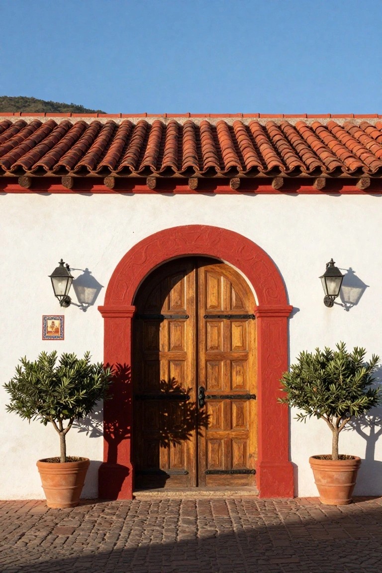 White stucco hacienda facade with red-trimmed arched wooden double door, flanked by lanterns and potted olive trees on a cobblestone path under terracotta roof tiles.