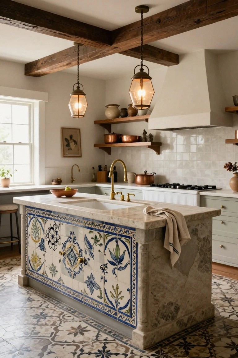 Kitchen with exposed wooden beam ceiling, central island featuring blue and white patterned tiles on the base and marble countertop, brass faucets, and light green cabinets.
