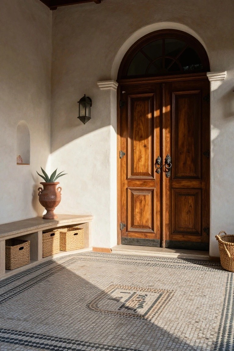 Hacienda-style house entrance with dark wooden double doors featuring lion-head knockers, arched transom window above, beige stucco walls, lantern light, terracotta pot with agave plant on stone bench with woven baskets, and mosaic tile floor in sunlight.