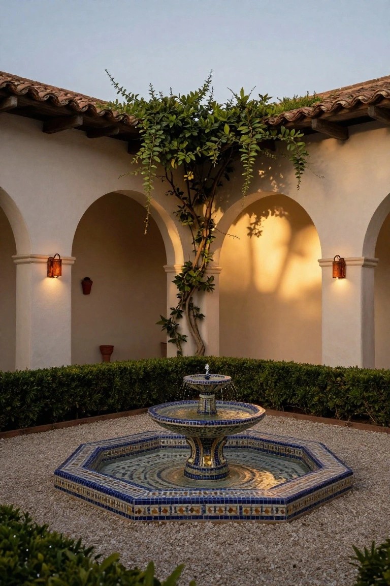 Octagonal fountain with blue and white mosaic tiles in a hacienda courtyard, surrounded by gravel, boxwood hedges, white stucco walls with arches, climbing vines, wall lanterns, and potted plants.