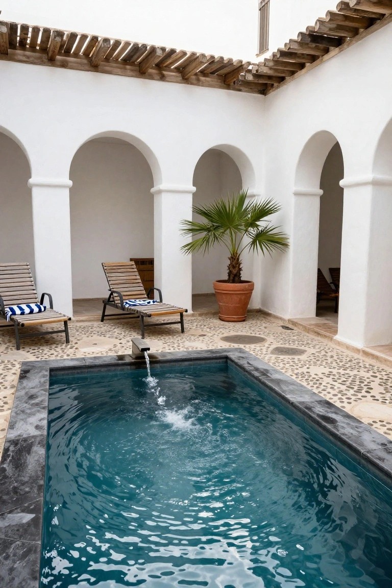 White hacienda courtyard with arched colonnades, rectangular blue plunge pool featuring a fountain spout, two wooden lounge chairs with blue towels, potted palm tree in terracotta pot, and pebble stone flooring.