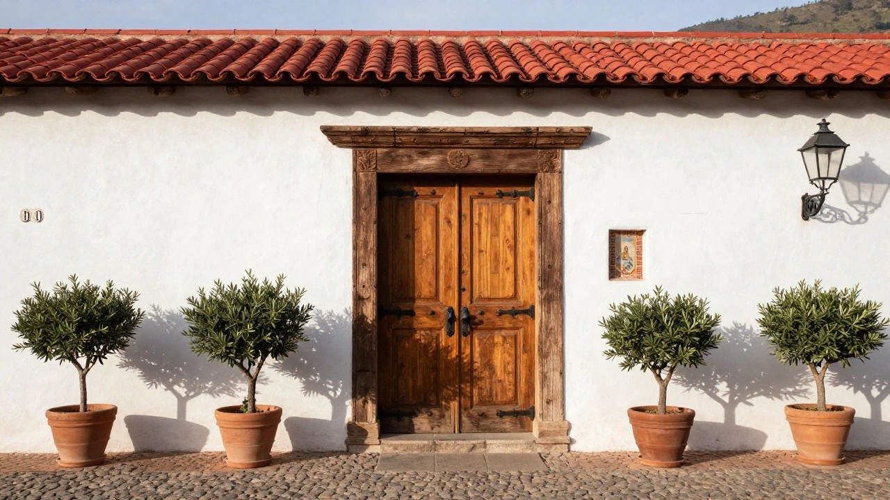 White stucco hacienda facade with red-trimmed arched wooden double door, flanked by lanterns and potted olive trees on a cobblestone path under terracotta roof tiles.