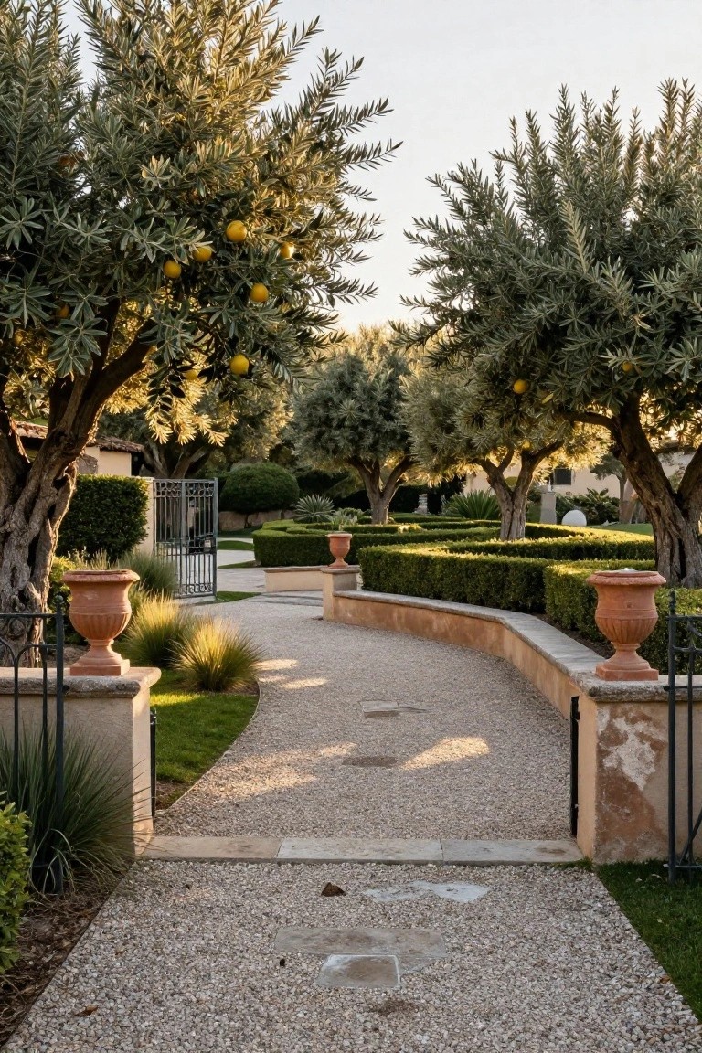 Curved gravel pathway flanked by olive trees, terracotta urns on stone pedestals, boxwood hedges, and a wrought iron gate in a landscaped garden with stone walls.