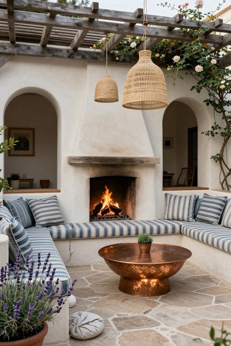 Outdoor hacienda patio with white stucco walls, arched doorways, burning built-in fireplace, L-shaped blue-striped bench seating, hammered copper table with plant, hanging rattan lamps, climbing roses, and potted lavender on stone tile floor.