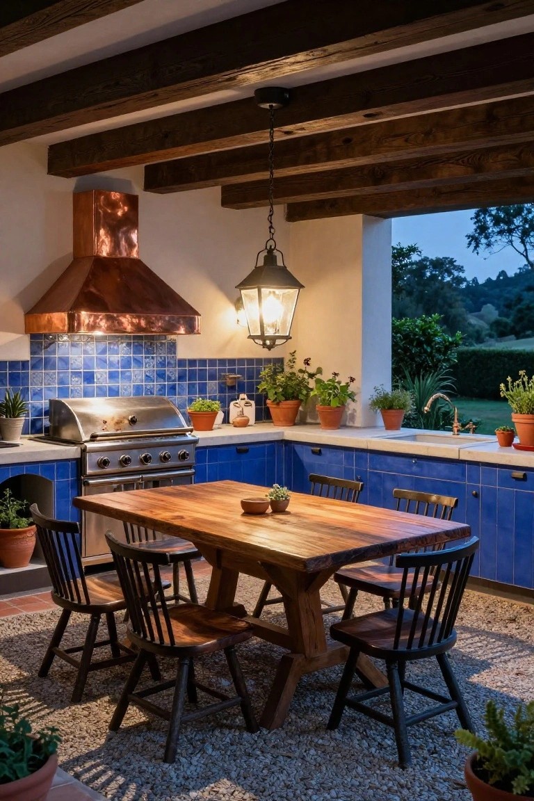 Outdoor kitchen with blue tiled cabinets and doors, stainless steel grill under copper hood, sink, wooden rectangular dining table with black wooden chairs on gravel floor, potted plants, hanging lantern from wood beam ceiling, view to landscape at dusk.