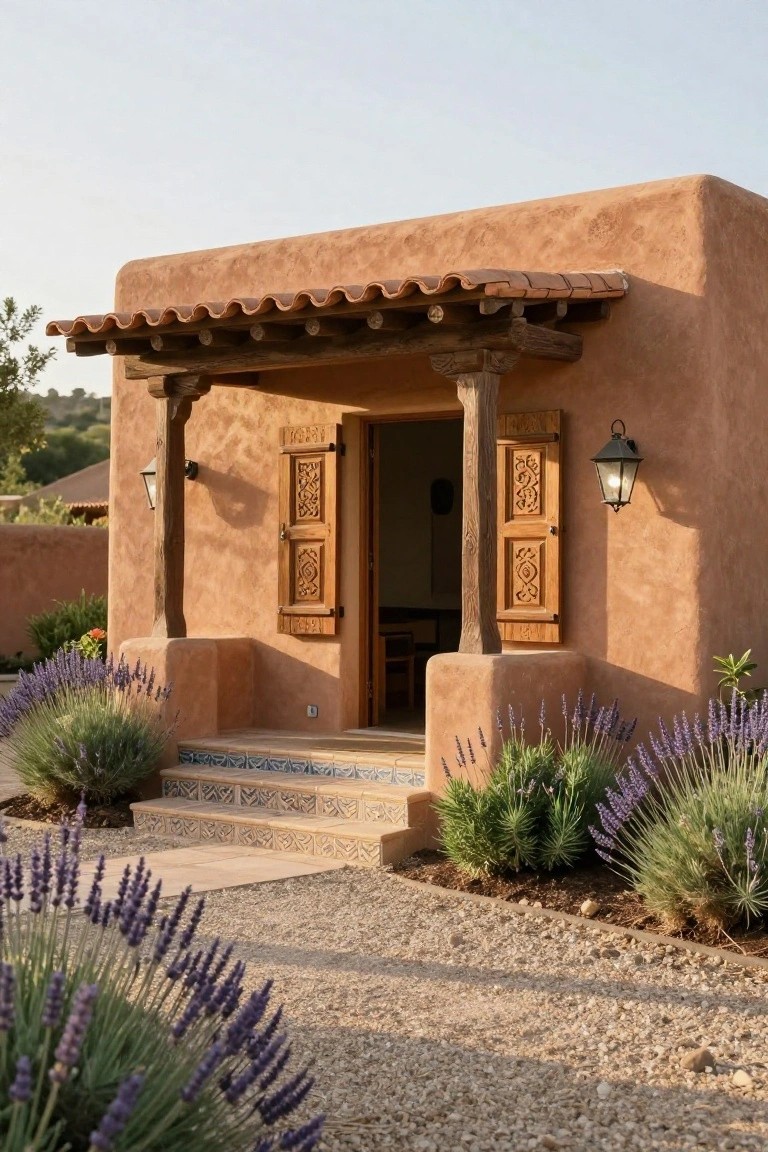 Adobe hacienda exterior featuring a porch entry with carved wooden shutters, wooden beams, tiled steps, lavender plants, and gravel path.