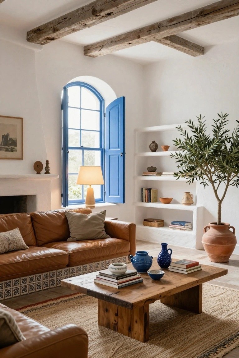 A living room with exposed rustic wooden beams on white ceiling, tan leather sofa, low wooden coffee table, arched window with open blue shutters, white brick fireplace, and built-in shelves holding pottery and an olive tree.