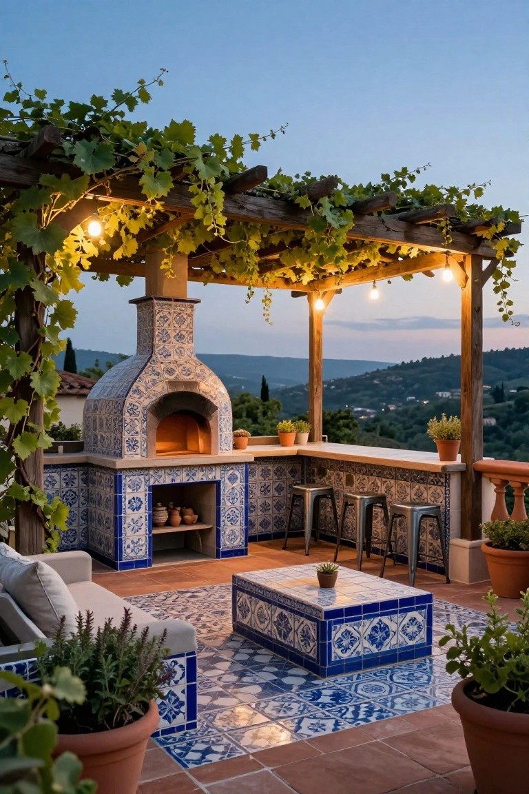 Terrace with domed wood-fired oven built into blue-tiled counter and bar area, vine-draped wooden pergola with string lights, metal stools, beige sofa, low table, potted plants, terracotta floor tiles, and hillside view at dusk.