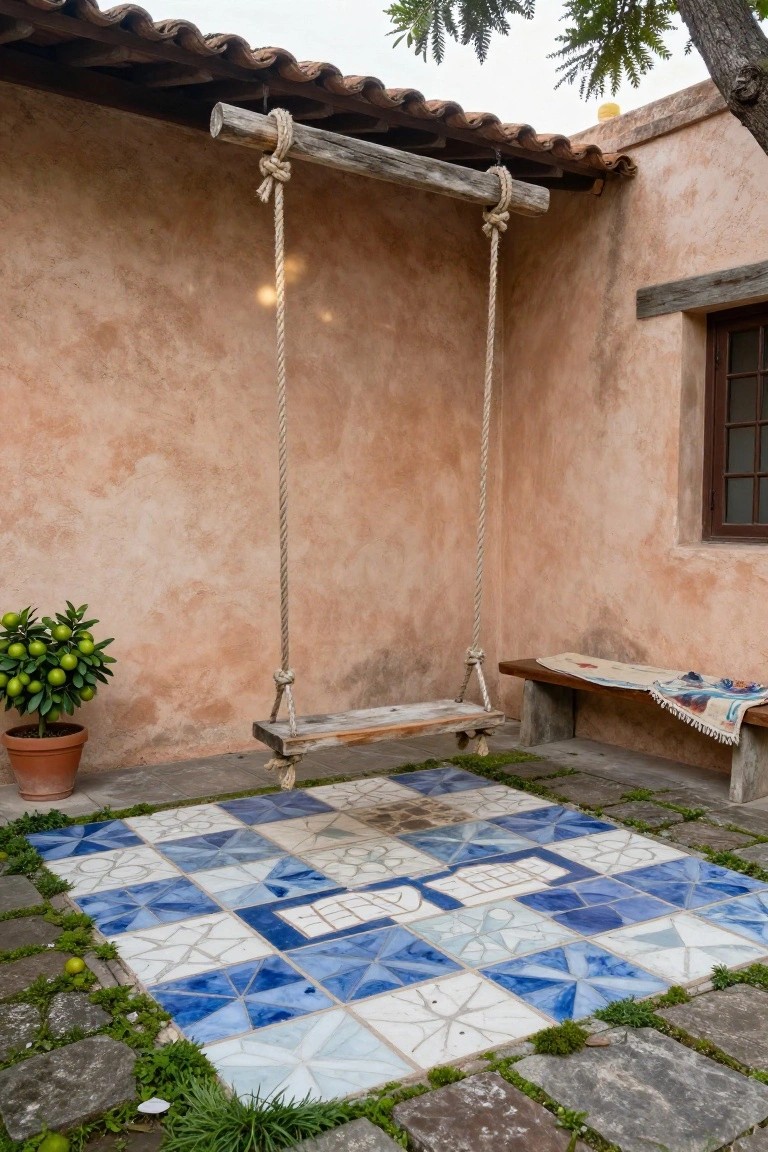 Rustic wooden swing suspended by ropes from a beam under a tiled roof overhang in a hacienda courtyard with blue and white mosaic tiled floor, wooden bench with textile, potted citrus tree, and surrounding adobe walls.