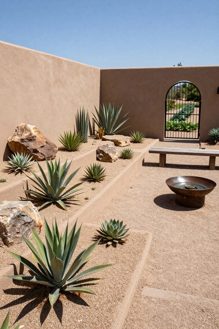 Terraced gravel garden beds planted with agave succulents and boulders against tan adobe walls, featuring a wooden bench, metal fire bowl, and arched iron gate leading to greenery under a clear blue sky.