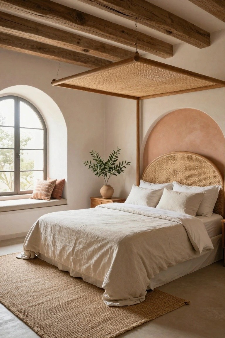 Bedroom interior with a king-size bed under a square rattan canopy, rattan headboard against curved peach wall, arched window with bench and cushions, potted plant on side table, neutral linens, and seagrass rug on terracotta floor.