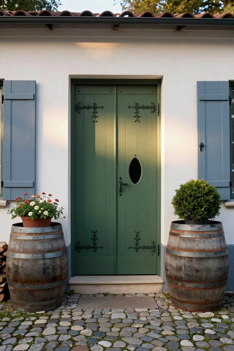 White stucco house facade with dark green wooden front door featuring wrought iron hardware and an oval window, flanked by large rustic wooden barrel planters holding flowers on the left and a boxwood shrub on the right, blue shutters, and a cobblestone path.