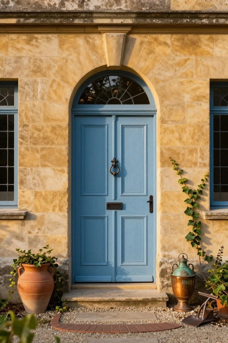 Bright blue double front door with brass knocker and letterbox on yellow stone facade under arched fanlight window, flanked by leaded side windows, ivy vines, terracotta pot, copper urn, and gravel path.