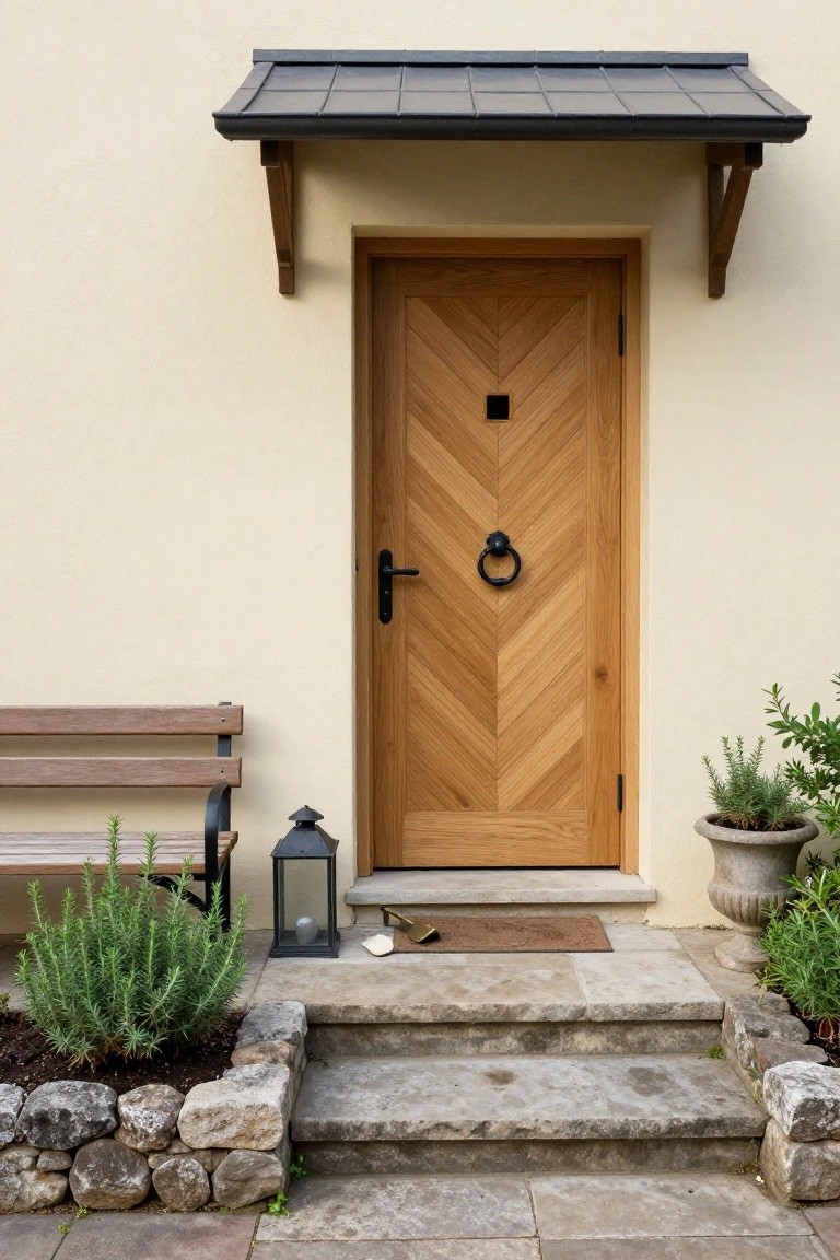 Beige stucco house exterior with wooden front door featuring chevron pattern, black handle and knocker, dark metal awning, stone steps, potted rosemary plants, metal lantern, doormat, and wooden bench.