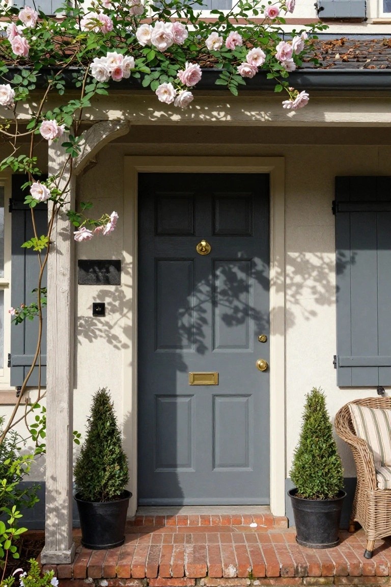 Gray front door with brass knocker and letterbox on a porch, framed by climbing pink roses, flanked by black pots of topiary trees and a wicker chair on brick steps.