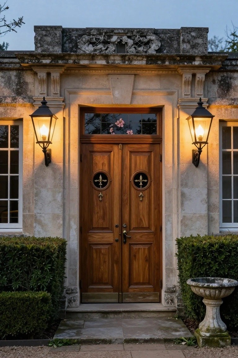 Stone archway entrance to a building with paired wooden double doors, each featuring a round brass knocker with fleur-de-lis design, flanked by lanterns, windows, boxwood hedges, and a stone urn on gravel paving.