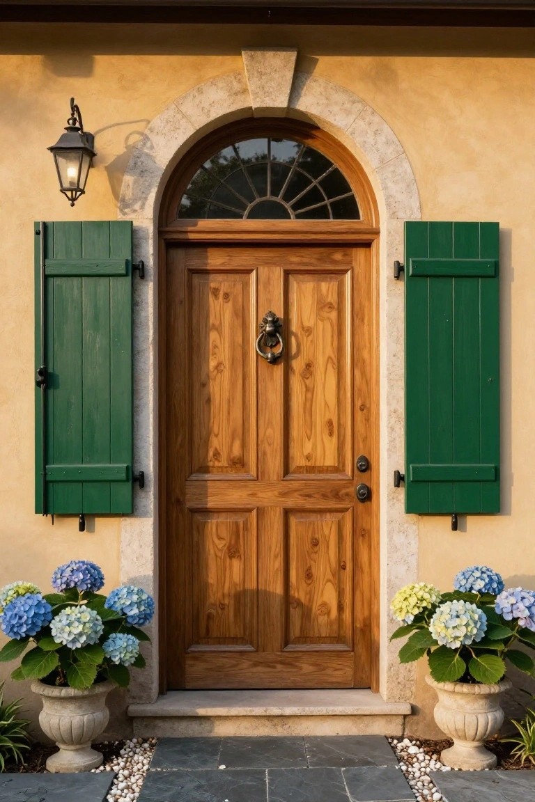 Beige stucco house facade with arched wooden front door, green louvered shutters on each side, brass knocker, wall lantern, and potted blue hydrangeas flanking stone steps with pebble mulch.