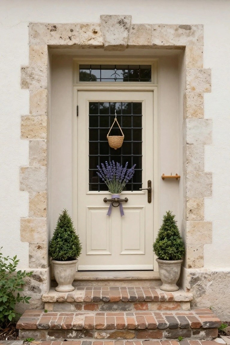 Cream front door with leaded glass window in a stone archway, decorated with lavender bouquet in woven basket on knocker and flanked by potted boxwood shrubs on brick steps.