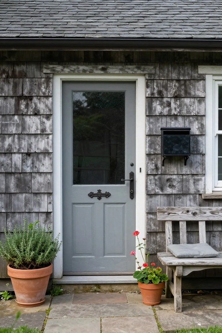 Light gray paneled front door with glass upper section and black iron hardware on a weathered gray shingle wall, next to a black mailbox, with terracotta pots containing rosemary and geraniums, and a wooden bench on stone pavers.