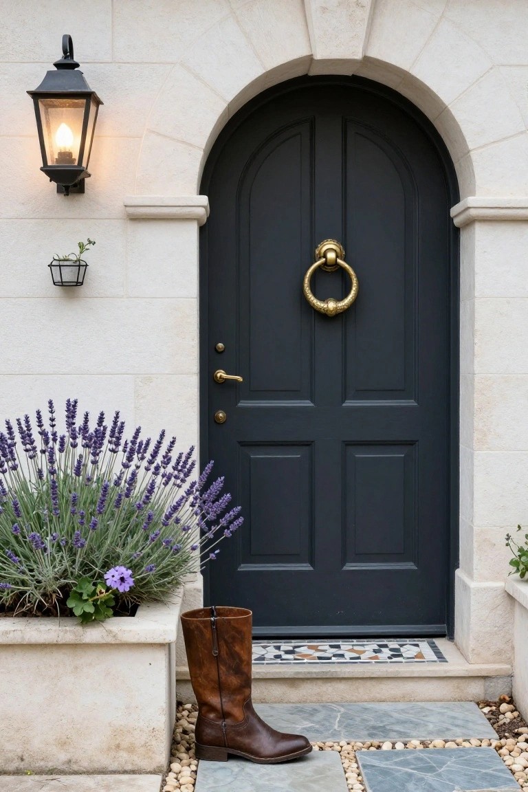 Arched dark navy wooden front door with gold knocker and handle on a light stone arched surround, wall lantern to the side, lavender plants in a stone planter, and brown leather cowboy boots on the stone doorstep with tiled entry and pebble path.