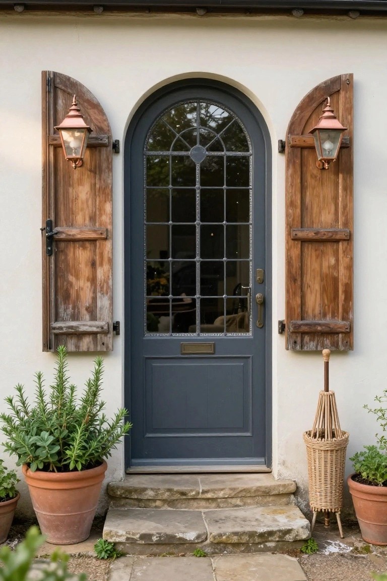 Dark gray arched front door with leaded glass window flanked by open weathered wooden shutters on a white stucco wall, copper lanterns, terracotta pots with rosemary plants, wicker umbrella stand, and stone steps.