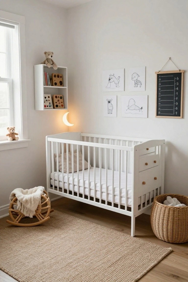 A minimalist white nursery room with a white wooden crib, rattan rocking horse with blanket, wicker basket holding white baby clothes, teddy bears on windowsill and shelf, bookshelves with toys, crescent moon wall light, and framed black line drawings of dogs plus a height chart on walls.