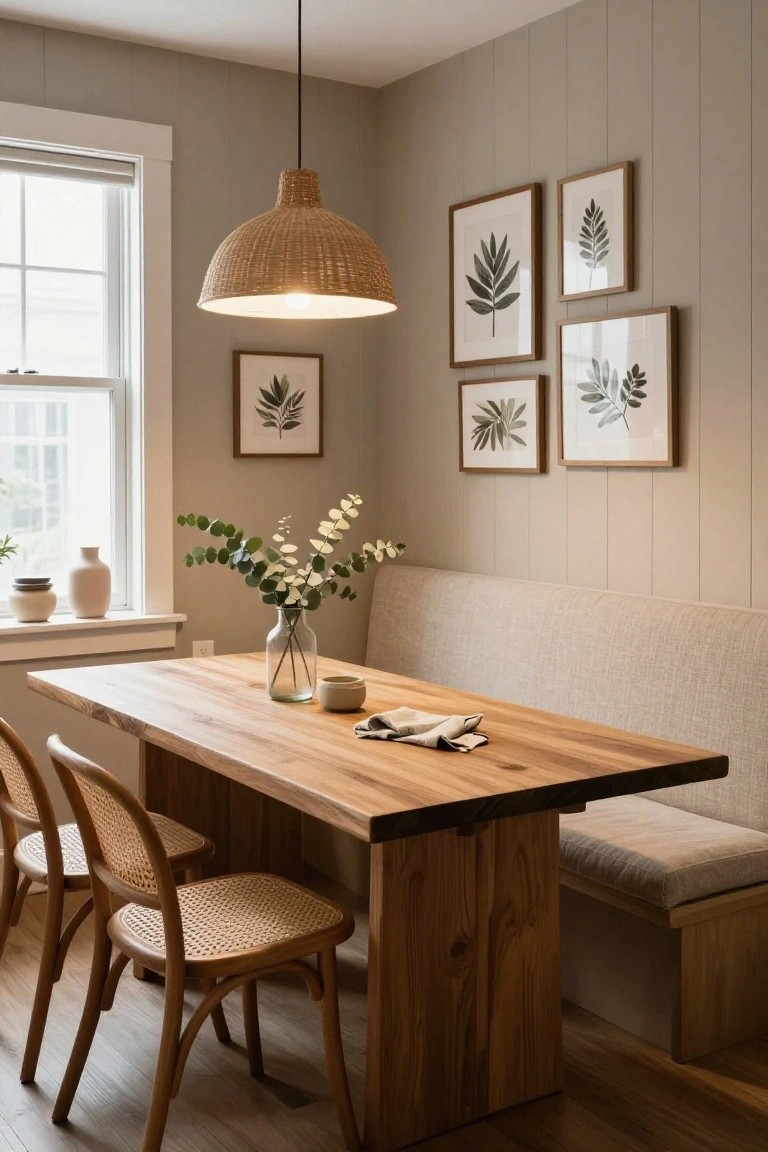 Interior view of a dining area with a rectangular wooden table, two rattan chairs on one side, a beige fabric-covered bench on the other, a glass vase of greenery on the table, small ceramics nearby, and framed botanical prints on greige vertical board-and-batten walls under a large woven pendant light.