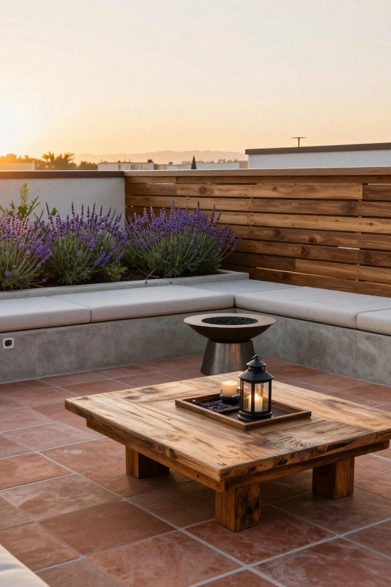 Rooftop terrace with L-shaped cushioned concrete benches around a metal fire pit, rustic wooden low table with lanterns and candles, lavender plants in troughs along wooden fence, terracotta tile floor at sunset.