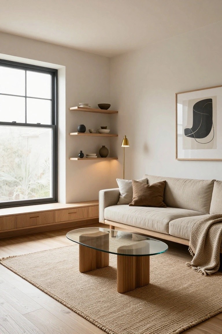 Modern living room with beige sofa, round glass coffee table, and floating shelves.