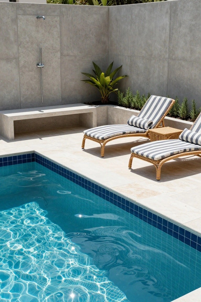 Small turquoise-tiled plunge pool in a light stone-paved courtyard enclosed by tall gray concrete walls, featuring an outdoor shower, concrete bench, potted rosemary plants, and two striped rattan loungers with pillows.