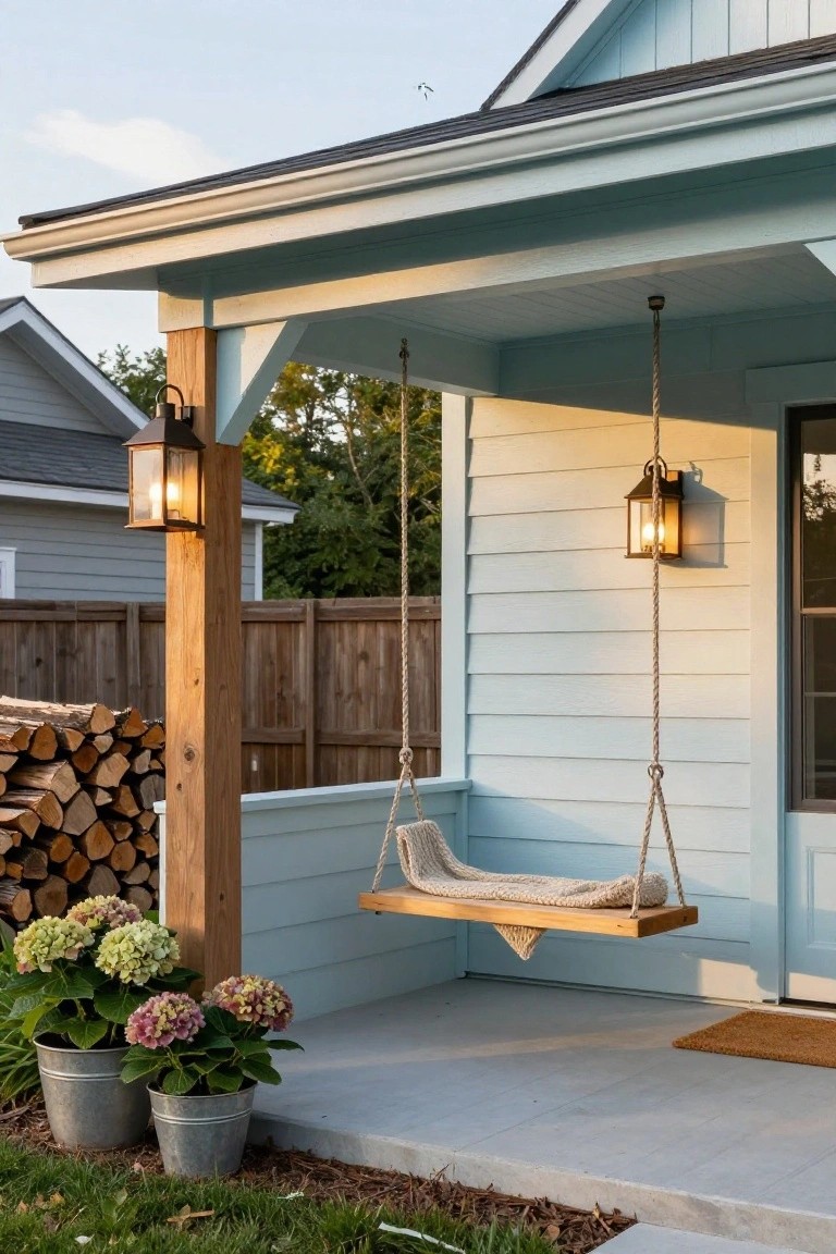 Light blue sided house with covered porch featuring a hanging rope swing bed with blanket, lit lanterns on posts and wall, firewood stack, potted hydrangeas, doormat, and front door.
