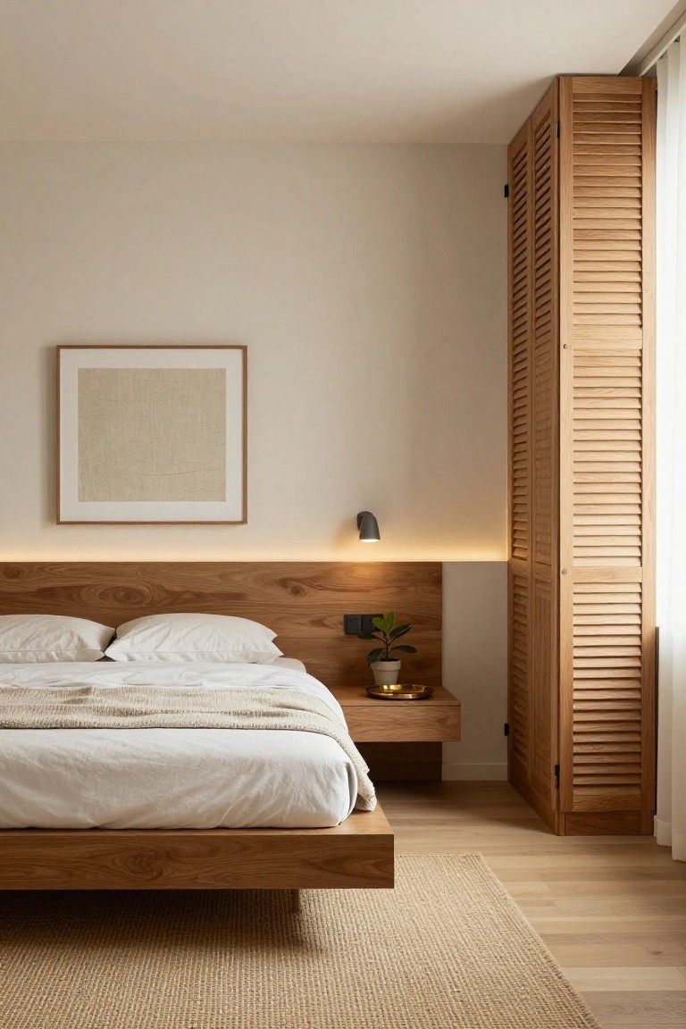 Modern bedroom with floating wooden platform bed, light linens, potted plant on built-in shelf, slatted oak wardrobe, abstract wall art, and wall-mounted lamp.