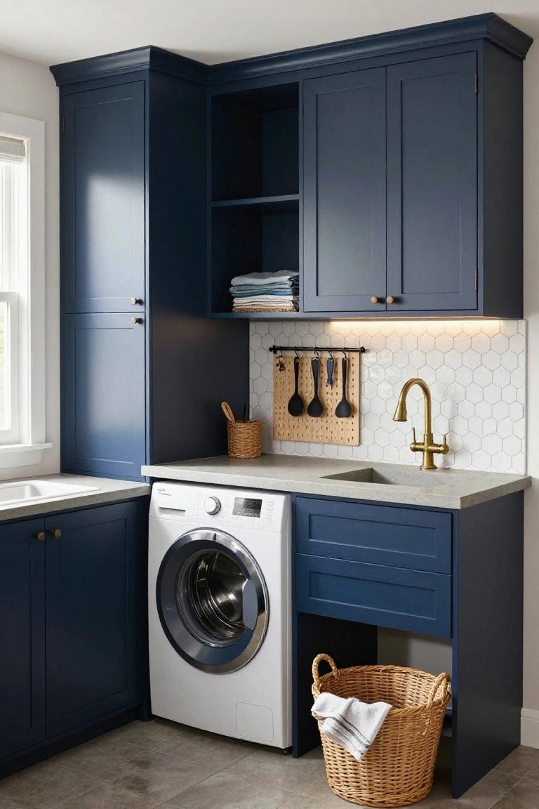 Laundry room interior with navy blue shaker cabinets above and beside a white front-loading washer, concrete countertop with integrated utility sink and gold faucet, white hexagonal tile backsplash, and wicker laundry basket on floor.