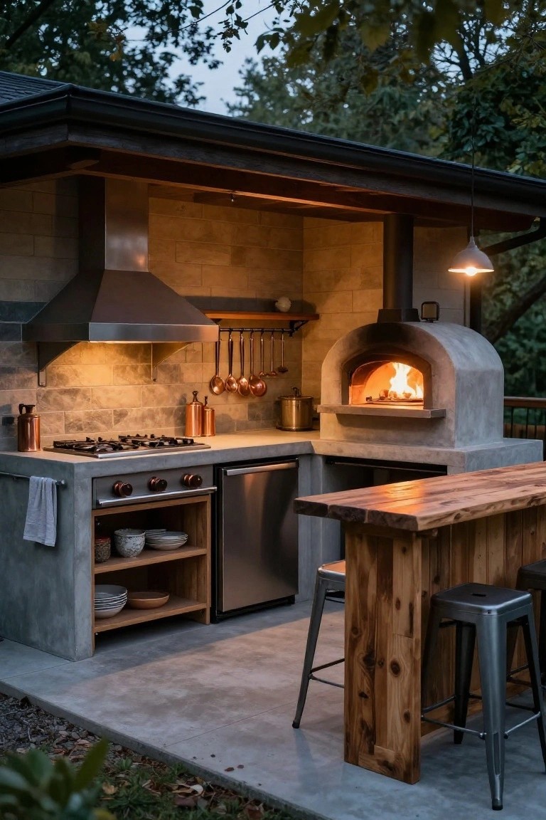 Covered outdoor kitchen with concrete counters, gas cooktop, stainless dishwasher, wood-fired pizza oven with visible flames, wooden bar counter, metal stools, hanging copper pots, and pendant light amid trees at dusk.
