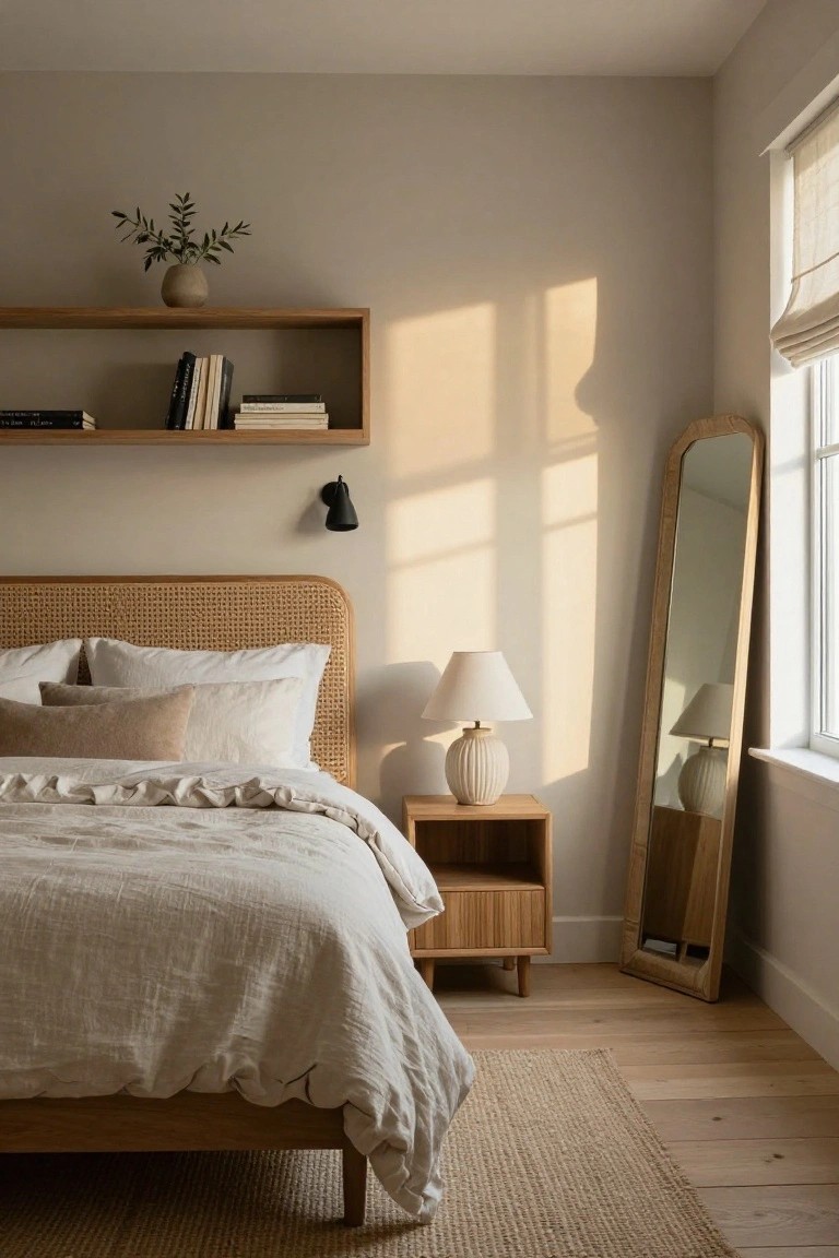 Bedroom with rattan headboard bed covered in white linen bedding, wooden nightstand holding a ceramic lamp, tall arched wooden floor mirror near a window with roman shade, floating wooden shelf above with books and potted plant, light beige walls, and light hardwood floor.