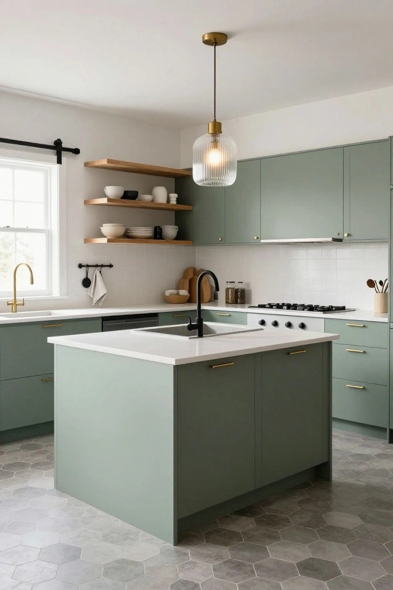 Kitchen with sage green cabinets, white quartz countertops, brass hardware and faucet, black matte gooseneck faucet, hexagonal gray tile floor, wooden open shelves, and glass pendant light.