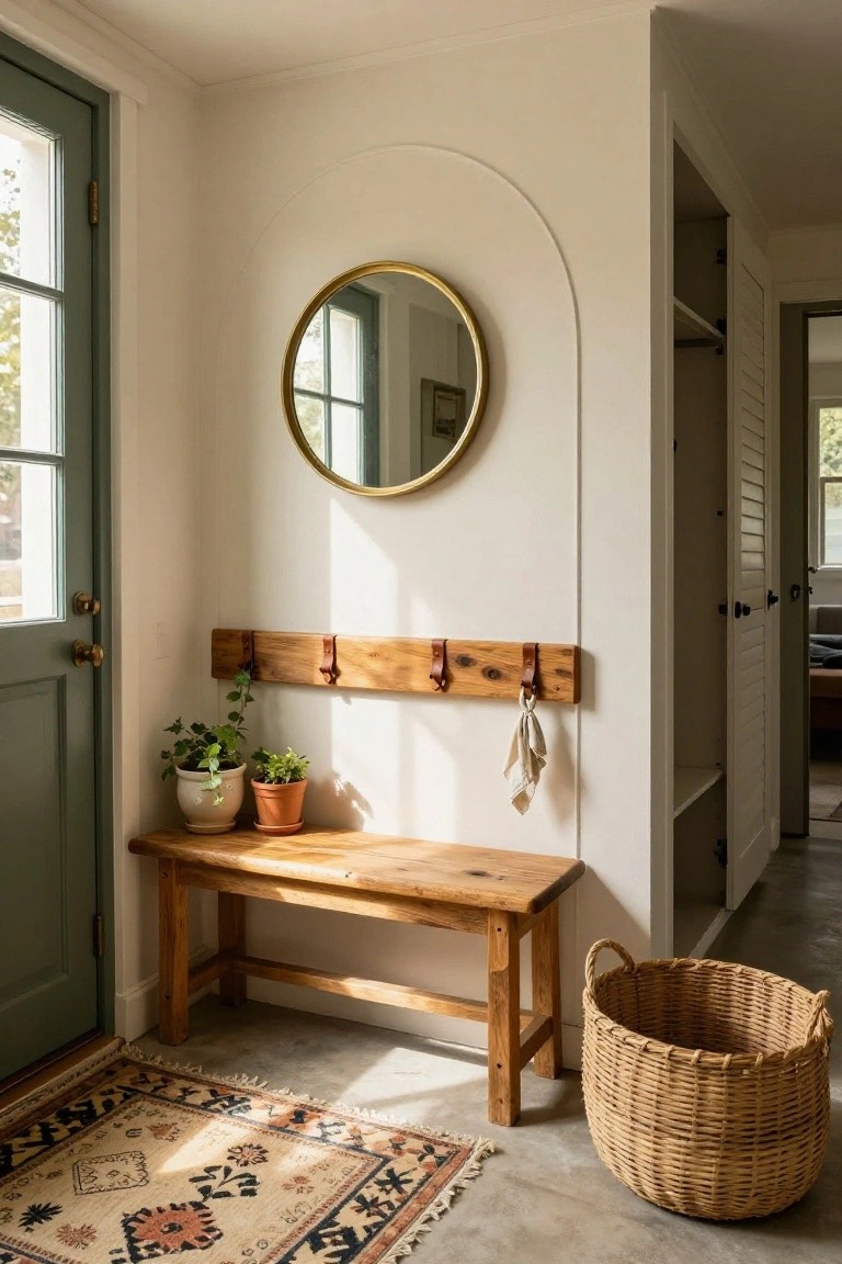 Light entryway interior with green door, gold round mirror on arched white wall niche, wooden bench topped with two potted plants, wood plank coat rack with leather handles and hooks above bench, towel hanging from hook, wicker basket on floor beside bench, patterned rug on concrete floor.