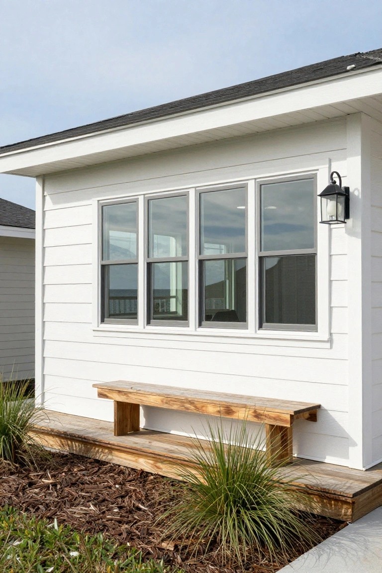 White horizontal clapboard house exterior featuring a large triple window with gray frames, black lantern light, protruding wooden bench on a deck, ornamental grasses, mulch bed, and adjacent buildings under a blue sky.